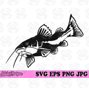 Può includere: Silhouette in bianco e nero di un pesce gatto con una grande pinna sul dorso e un lungo barbiglio sul mento.