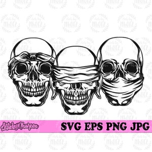 Hear Speak See Skull svg, No Evil Cut File, Bandit Skeletal Head Stencil, Gangster Skeleton Face Clipart, Horror Skull Halloween T-shirt png
