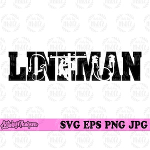 May include: Black and white silhouette design of a lineman with the word "LINEIMAN" spelled out in large letters. The silhouette includes a lineman working on a power line.