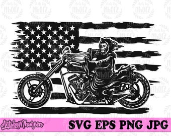 May include: Black and white illustration of a Grim Reaper riding a motorcycle in front of a distressed American flag.