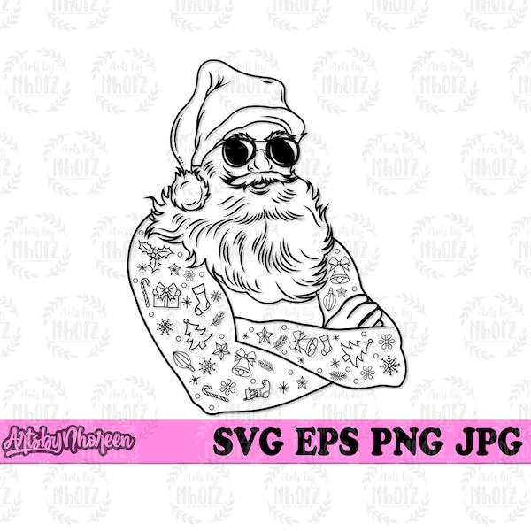 Cool Tattooed Santa svg | Christmas Clipart | Santa Claus Stencil | Tis the Season Cut File | Merry and Bright dxf | Holly Jolly Vibes png