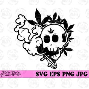 May include: Black and white illustration of a skull smoking a joint with a marijuana leaf on its forehead. The skull is surrounded by marijuana leaves.