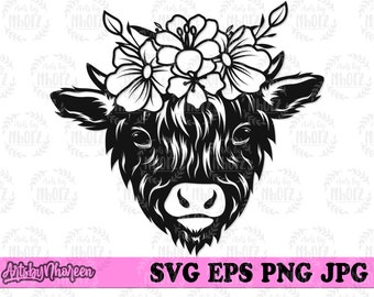 Cute Baby Highland Cow svg, Floral Animal Clipart, Flower Cow Stencil, Farm Animal Cut File, Highland Calf dxf, Highland Cow Beef jpeg png