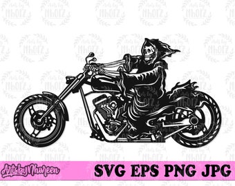 May include: Black and white silhouette of a skeleton riding a motorcycle. The skeleton is wearing a hooded robe and is holding the handlebars. The motorcycle has a large front wheel and a smaller rear wheel.