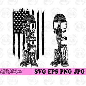 May include: Black and white silhouette of a soldier's boots, rifle, and helmet standing in front of a tattered American flag.