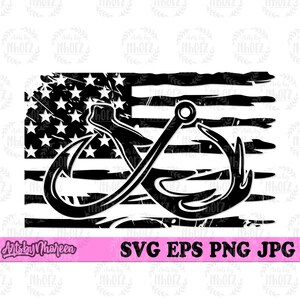 May include: Black and white distressed American flag design with a fishing hook and lure overlay. The design is perfect for a patriotic fishing enthusiast.