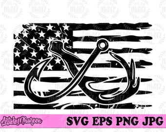 May include: Black and white distressed American flag design with a fishing hook and lure overlay. The design is perfect for a patriotic fishing enthusiast.