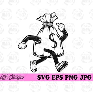 Money Running svg / Penny Bah Mascot Clipart / US Dollar Sign Cut File / USA Paper Bill Stencil / Hipster Money dxf / Gangster Mafia Man png