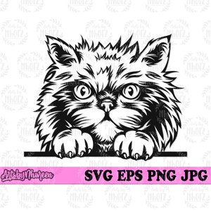 Peeking Persian Cat svg, Cute Kitten Clipart, Angry Cat Head Cut File, Peeking Animal Stencil, Fat Cat dxf, Cat Lover T-shirt Gift Idea png