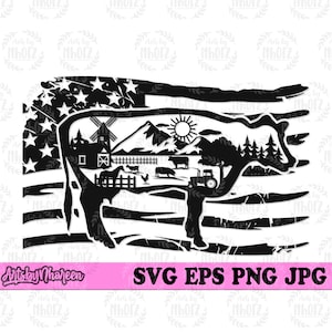 US Cow Farm Scene svg, Cow Clipart, Farming Shirt png, Farm Life svg, Farmer Dad Gift Idea png, Barn Animal dxf, Farm Cow Stencil Cut File