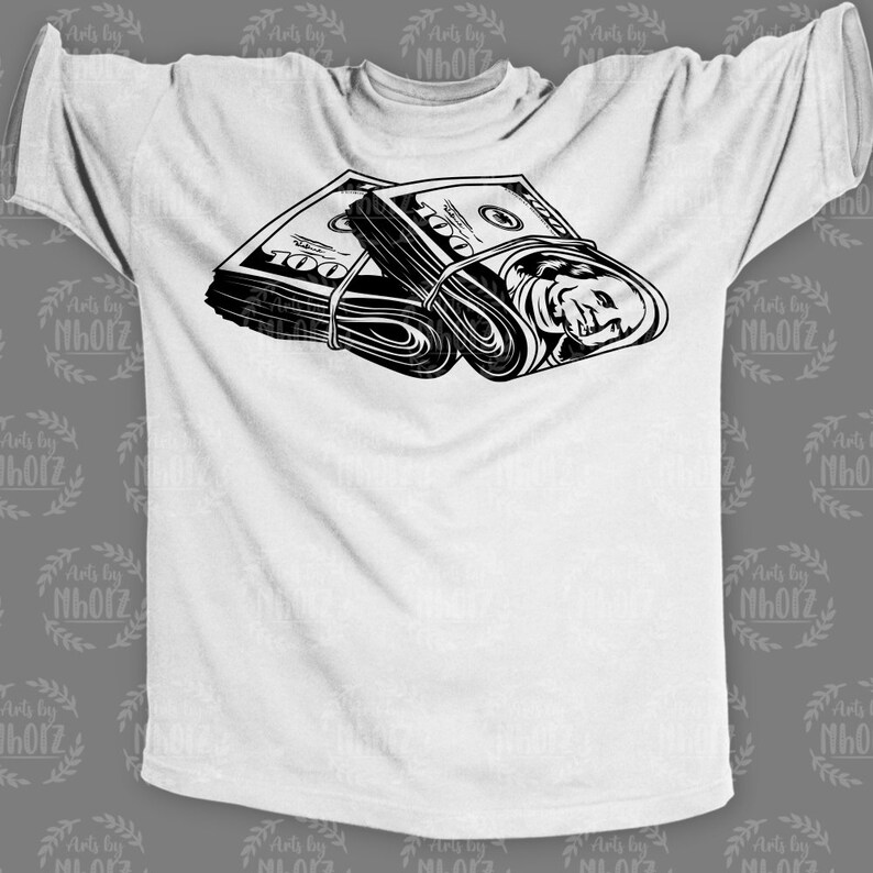 May include: A white t-shirt featuring a black and white illustration of bundles of cash.