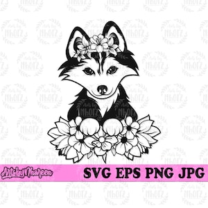 Mignon Floral Wolf svg | Clipart de renard fleuri | Pochoir animal des bois | Mignon Forest Wild Life dxf | Chemise Baby Wolf png | Chef de meute de loups jpg