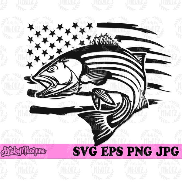 USA Striped Bass Fish svg, Fishing Day Shirt png, Angler Dad Clipart, Bass svg, Lake Fishing Stencil, River Fish png, Striped Bass Cut File