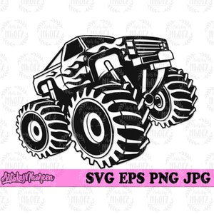 May include: Black and white illustration of a monster truck with large tires and flames on the side. The truck is facing the right side of the image.