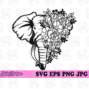 May include: Black and white silhouette of an elephant's head with a floral arrangement of roses and leaves.