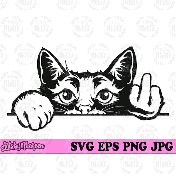 Peeking Cat Middle Finger svg, Cute Curios Kitten Clipart, Funny Animal Stencil, Fvck You svg, Home Pet Portrait Cutfile, Pet Shop Monogram