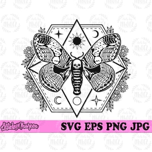 May include: Black and white illustration of a moth with a skull on its body, surrounded by a geometric pattern with stars, moons, and circles. The moth is in the centre of the design, with its wings spread out.
