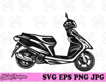 May include: Black and white illustration of a scooter. The scooter has a seat, handlebars, and wheels. The image also includes the text "SVG EPS PNG JPG" and "Artsby Nhooreen".