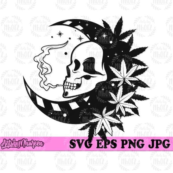 Weed Skull Moon svg, High as a Moon Clipart, Chillin Blunt dxf, Smoking Joint svg, Cannabis Cut File, Marijuana Stencil. Rasta 420 T-shirt