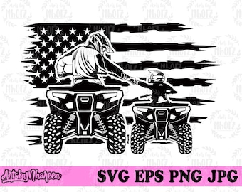 May include: Black and white silhouette of two people riding quad bikes in front of an American flag. The people are wearing helmets and are holding onto the handlebars. The flag is a distressed design with white stars on a blue field and red and white stripes.