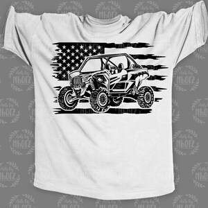 May include: Black and white graphic design of an off-road vehicle with a US flag background. The vehicle is a side-by-side with a roll cage and four wheels. The flag is stylized with a distressed look.