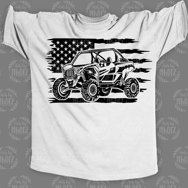 May include: Black and white graphic design of an off-road vehicle with a US flag background. The vehicle is a side-by-side with a roll cage and four wheels. The flag is stylized with a distressed look.