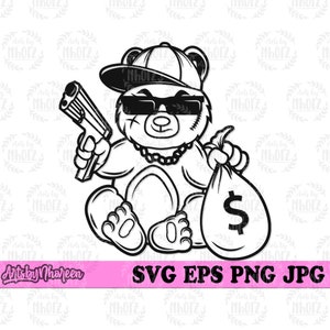 May include: A black and white illustration of a cartoon bear wearing a baseball cap, sunglasses, and a chain. The bear is holding a gun in one hand and a bag of money in the other.