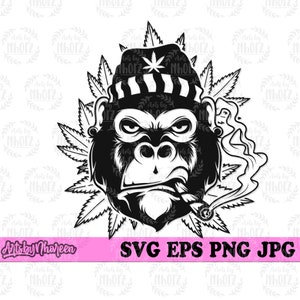 May include: Black and white illustration of a gorilla wearing a striped beanie with a marijuana leaf on top, smoking a joint. The gorilla is surrounded by marijuana leaves.
