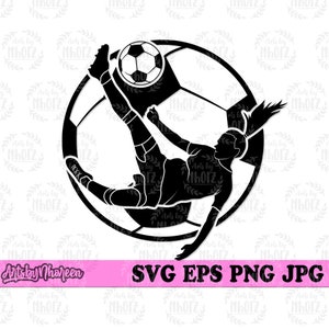 May include: Black and white silhouette of a soccer player kicking a soccer ball. The player is positioned in mid-air, with their leg extended to kick the ball. The ball is in the air, with the player's foot about to make contact with it. The player's hair is flowing behind them. The image is set against a white background.