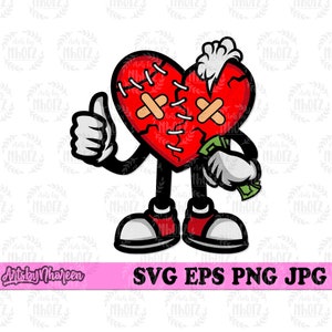 May include: A cartoon illustration of a red broken heart with stitches and bandages. The heart is holding money in one hand and giving a thumbs up with the other. The heart is wearing shoes and has arms and legs.