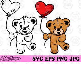 Teddy with Heart Balloon svg, Cute Teddy Bear Clipart, Baby T-shirt Design png, Hippie Teddy Stencil, Cute Bear Cut File, Wild One Party svg