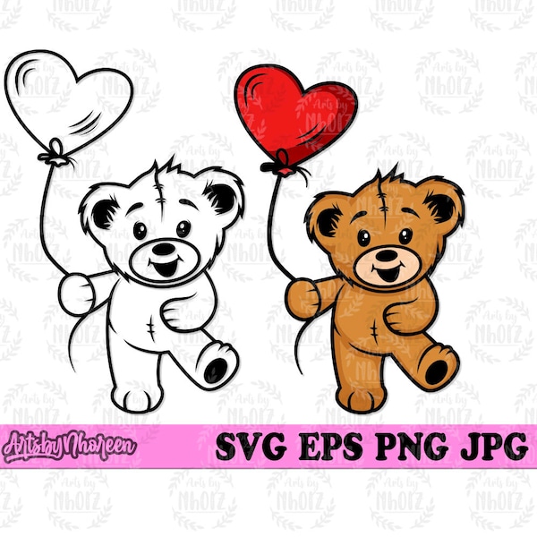 Teddy with Heart Balloon svg, Cute Teddy Bear Clipart, Baby T-shirt Design png, Hippie Teddy Stencil, Cute Bear Cut File, Wild One Party svg