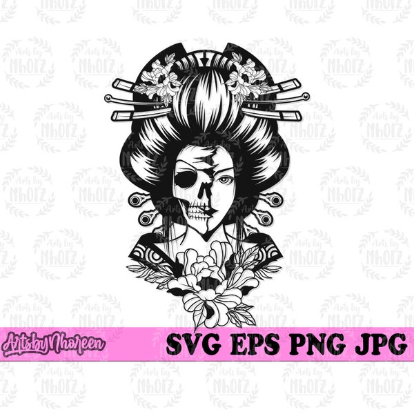 Geisha Half Skull svg, Lady Warrior Clipart, Asian Fighter Cut File, Gypsy Japanese Girl Stencil, Ancient Mummy Cutfile, Strong Woman dxf