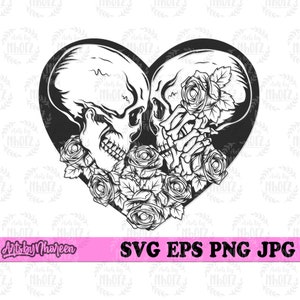 Skull Lovers svg, Couple Rocker Shirt png, Lady Dead Clipart, Floral Skull Heart Stencil, Male Female Skulls with Roses Cut File, Heart DXF