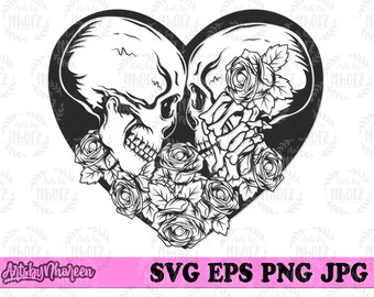 Skull Lovers svg, Couple Rocker Shirt png, Lady Dead Clipart, Floral Skull Heart Stencil, Male Female Skulls with Roses Cut File, Heart DXF