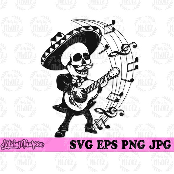 Mexican Skull Guitar svg | Musician Dad Clipart | La Muerta Stencil | Day of the Dead Cut File | Catrina Music Skeleton T-shirt Design png