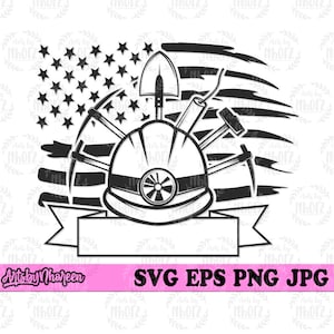 May include: Black and white illustration of a miner's helmet with a pickaxe, shovel, and dynamite. The helmet is in the center of the design, with the tools arranged around it. The design is set against a background of a stylized American flag.