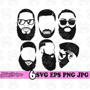 May include: Set of six black and white SVG cut files featuring different styles of men with beards. The designs are perfect for creating custom t-shirts, mugs, and other personalized items.