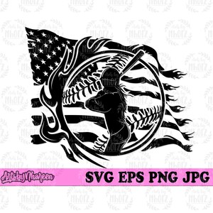May include: Black and white silhouette of a baseball player swinging a bat in front of an American flag. The player is in a circle with a baseball stitch pattern. The flag is behind the player and has flames coming off the edges.