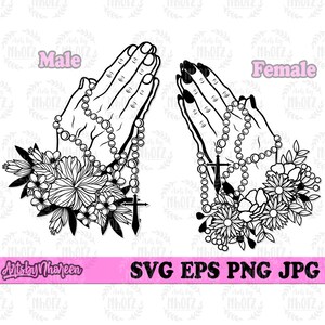 May include: Black and white line art illustration of two hands clasped in prayer with a rosary and floral accents. The words "Male" and "Female" are written above the hands.