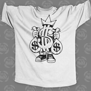 May include: A white t-shirt with a black graphic of a cartoon dollar sign wearing a crown and holding two money bags.