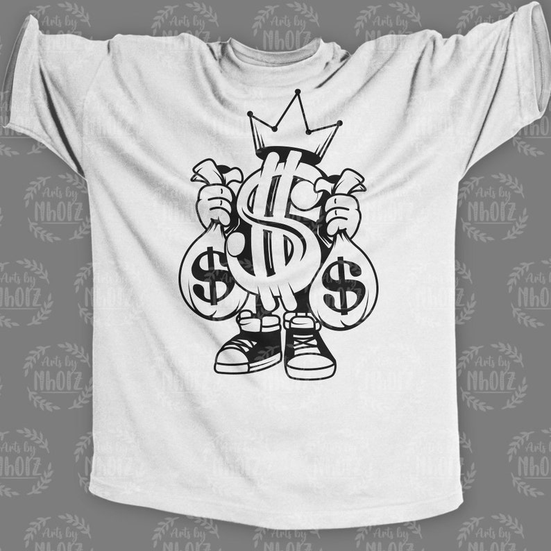 May include: A white t-shirt with a black graphic of a cartoon dollar sign wearing a crown and holding two money bags.