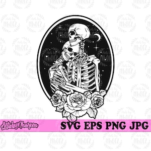 Op de afbeelding: Zwart-witte illustratie van twee skeletten die elkaar omhelzen voor een sterrenhemel. De skeletten worden omringd door rozen.