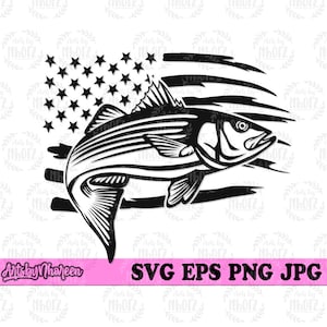 May include: Black and white silhouette of a striped bass fish jumping out of the water with a distressed American flag behind it.