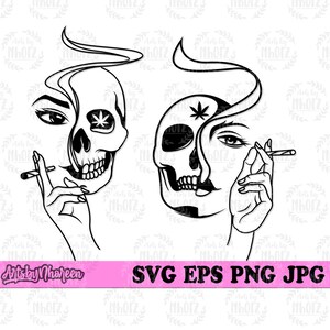 May include: Black and white line art illustration of two skulls with smoke coming out of their heads. One skull has a woman's face and the other has a man's face. Both skulls are holding cigarettes in their hands.