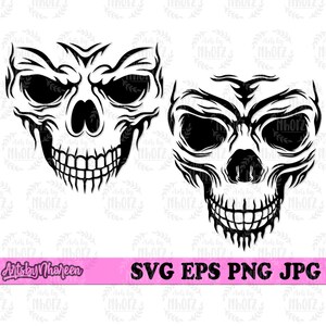 2 Skull svg, Horror T-shirt Design png, Halloween Custom Gift Idea Stencil, Spooky Boo Haunted Cut File, Scary Skeletal Head Clipart Cutfile