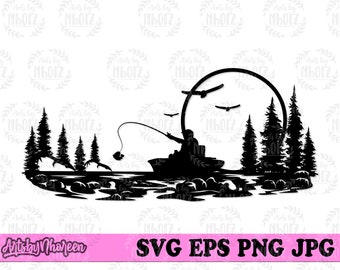 May include: Black and white silhouette of a person fishing from a boat on a lake. The person is casting a fishing line with a lure. There are trees on the shore and a full moon in the sky.