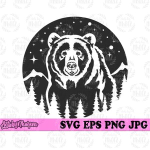 Bear Mountain Scene svg, Outdoor Clipart, Camp Life Tshirt Design png, Camper Stencil, Adventurer Gift Idea, Wild Bear Cut File, Grizzly dxf