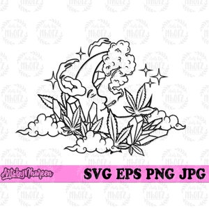 Op de afbeelding: Een zwart-witte lijntekening van een halve maan met een gezicht, omringd door wolken, marihuanabladeren en kristallen. De maan rookt een joint.