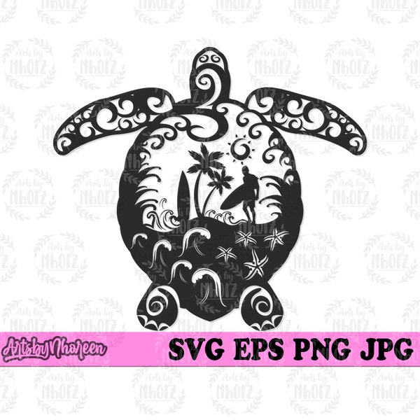 Sea Turtle Summer Surfing Scene svg, Tropical Beach Stencil, Salt Life T-shirt Design png, Surfer Gift Idea dxf, Island Vibes Cut File jpeg